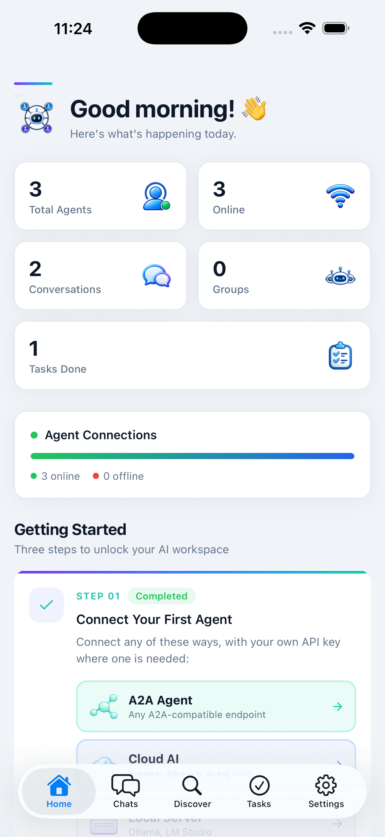 AgentChat Hub home showing agents, conversations, tasks, and groups