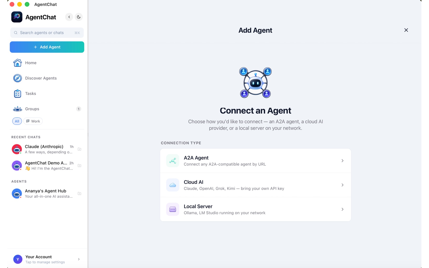 AgentChat Hub running as a native Mac app